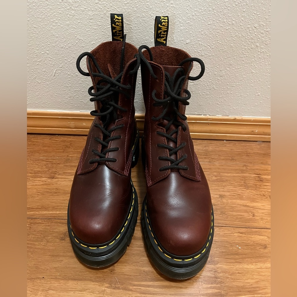 Dr. Martens Burgundy/Ox Blood Leather Combat Boots with Yellow Stitching